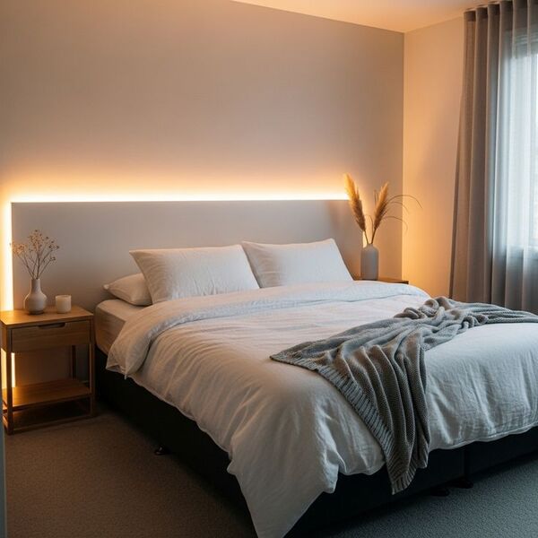 A calm interior space with soft light